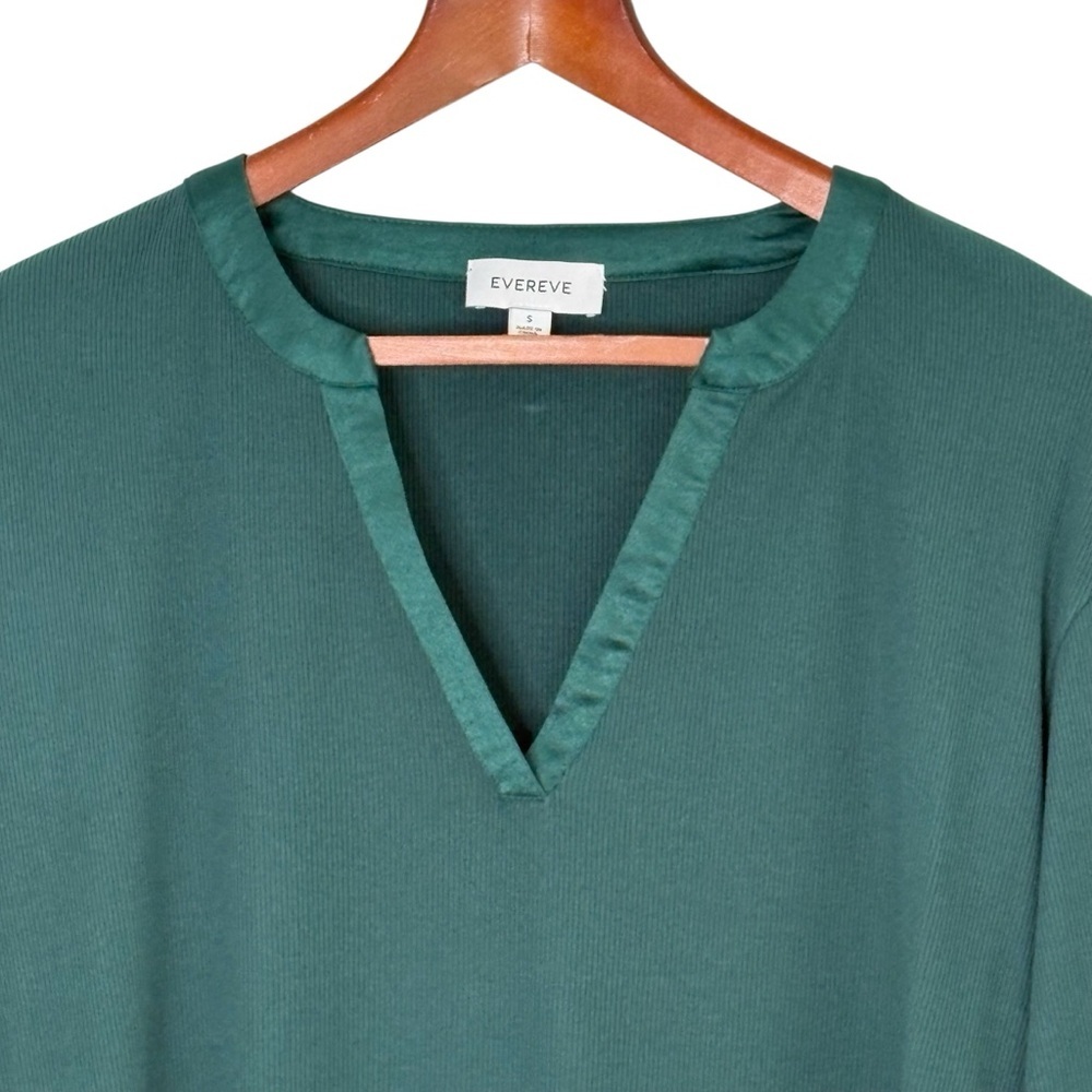 Evereve Bex Split Neck Top Size S Satin Trim Soft Rib Knit Green Modal Blend - Picture 7 of 13